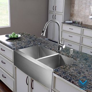 Vigo All in one 36 inch Farmhouse Stainless Steel Double Bowl Kitchen Sink/ Faucet Set