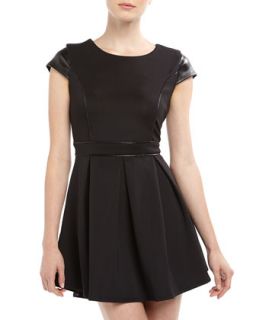 Scuba Jersey and Faux Leather Pleated Dress, Black