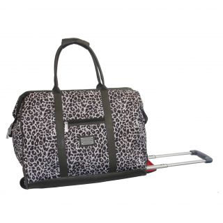 Adrienne Vittadini Leopard 20 inch Carry on Rolling Upright Duffel Bag (Leopard print with grey matte trim and red lining Weight 7 poundsPockets One (1) inside pocket, one (1) outside pocketBig compartment Multi compartment 10 inch shoulder strap10 inch