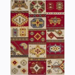 Hand made Flat weave Mandara Rug (7 X 10) (Red, yellow, green, brown, grey, black, ivoryPattern Tribal Tip We recommend the use of a  non skid pad to keep the rug in place on smooth surfaces. All rug sizes are approximate. Due to the difference of monit