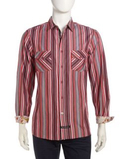 Striped Paisley Contrast Sport Shirt, Red/Multi