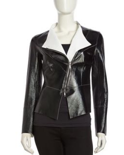 Glazed Leather Asymmetric Jacket, Black/White