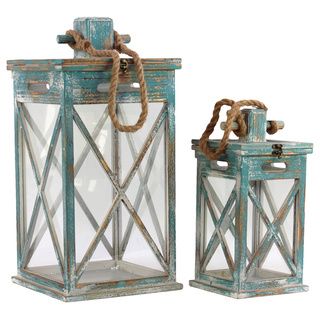 Distressed Blue Finish Hanging Wooden Lantern (set Of 2)