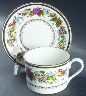 Spode Tapestry Flat Cup & Saucer Set, Fine China Dinnerware   Bone, Floral Borde