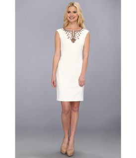 Ellen Tracy Beaded Split Neckline Shift Dress Womens Dress (White)
