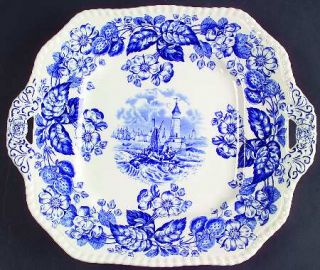 Spode Old Salem Blue (Gadroon) Square Handled Cake Plate, Fine China Dinnerware