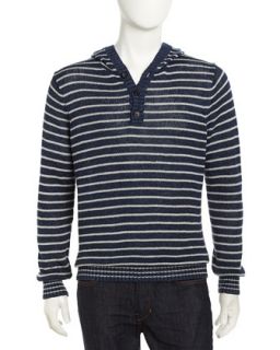 Striped Hooded Knit Henley, Coastal Blue