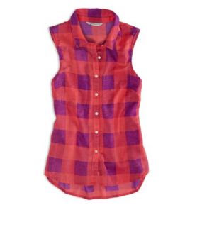 Fuchsia Pink AEO Factory Sleeveless Plaid Shirt, Womens XL