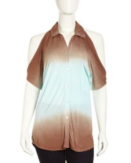 Ombre Cold Shoulder Top, Coffee/Light Blue