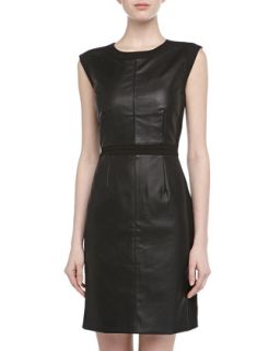 Faux Leather Paneled Twill Dress, Black