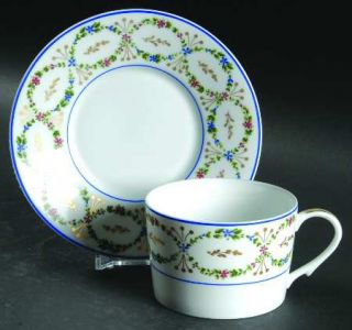 Ceralene Roselle Flat Cup & Saucer Set, Fine China Dinnerware   Pink/Blue Flower