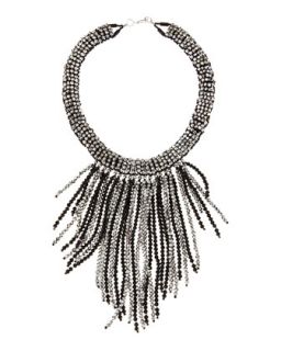 Crystal Beaded Fringe Necklace, Silver/Black