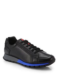 Prada Leather Lace Up Sneakers   Black Blue