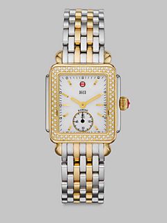 Michele Watches Diamond Two Tone Rectangular Watch   Silver Gold