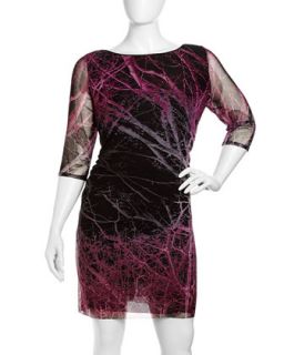 3/4 Sleeve Graphic Print Mesh Dress, Womens