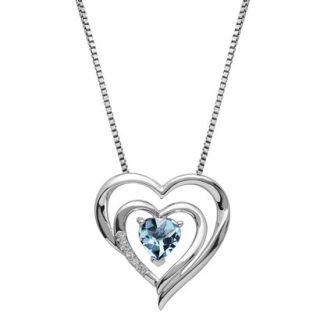 Sterling Silver Double Framed Aquamarine with White Topaz Accent Heart Pendant  