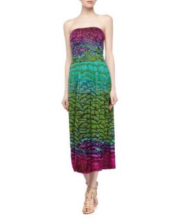 Strapless Bead Embellished Peacock Print Dress, Green