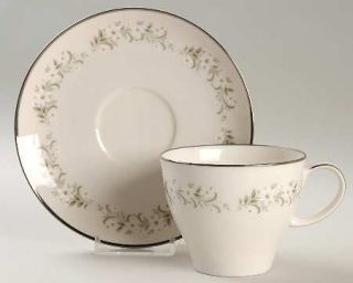 Noritake Weston Flat Cup & Saucer Set, Fine China Dinnerware   White Flowers,Gre