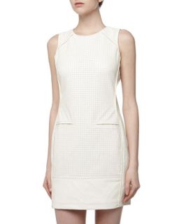 Perforated Checked Faux Leather Dress, Ivory