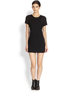 ADDISON Geometric Mesh Paneled Jersey T Shirt Dress   Black