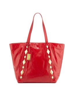 Terri Studded Shine Leather Tote Bag, Red