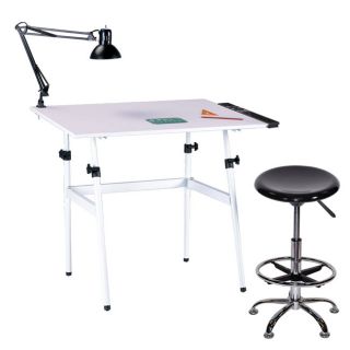 Martin Berkeley 4 piece Table, Tray, Lamp And Draft height Stool Combo (White, blackMaterials Press board, steel, plastic, cloth, foamLamp requires one (1) 60 watt bulb (not included)Stool seat adjusts from 22 to 30 inches highStool footring measures 15 