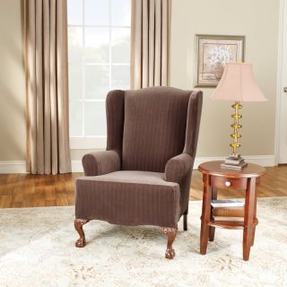 Sure Fit Stretch Pinstripe Wing Chair Slipcover Cream   39062