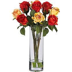 Roses And Glass Vase Silk Flower Arrangement