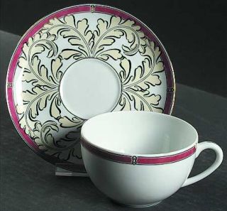 Christofle Aida Red Flat Cup & Saucer Set, Fine China Dinnerware   Red Border, A