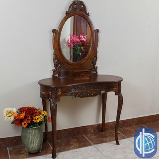 International Caravan Hand carved Kidney shaped Vanity Desk With Mirror (HardwoodStained mahogany colorDesk dimensions 60 inches high(to top of mirror) x 36.5 inches long x 16 inches deepAssembly required)