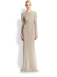 Carmen Marc Valvo Long Sleeve Lace Gown   Silver