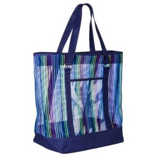 Striped Mesh Beach Tote Handbag   Blue