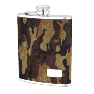 Stainless Steel Camo Genuine Leather Cover 6 ounce Flask