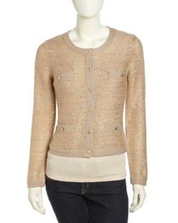 Long Sleeve Sequin Embellished Mohair Cardigan, Gold/Pink
