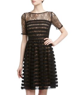 Lace Striped Overlay Dress, Black