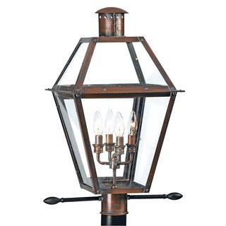 Rue De Royal 4 light Aged Copper Outdoor Post Lantern (CopperAged copperNumber of lights Four (4)Requires four (4) 60 watt B10 candelabra base bulbs (not included) Dimensions26 inches high x 17 inches wideWeight 16.5 poundsThis fixture does need to be 